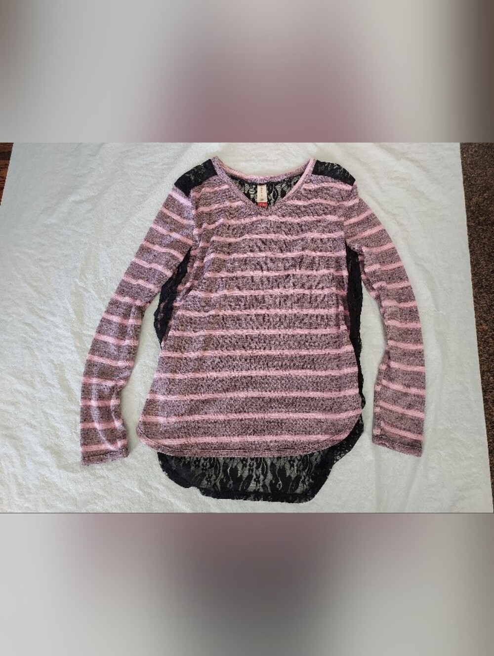 No Boundaries Pink and Black Striped Long Sleeve Top with Lace Back